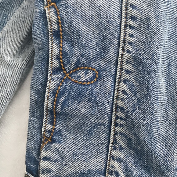 WHITE CROW  Jean Jacket Boho Distressed Denim Jacket Aztec Navajo Print Panel S - Picture 5 of 7